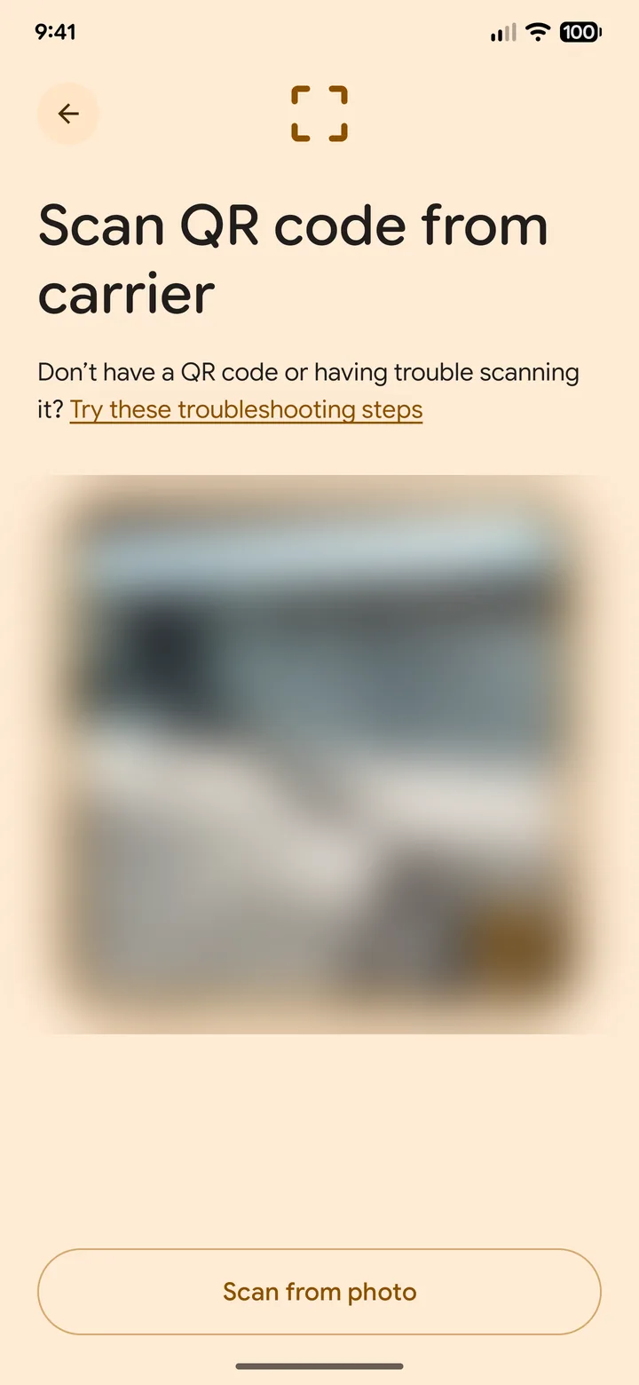 Pixel camera screen for scanning an eSIM QR code