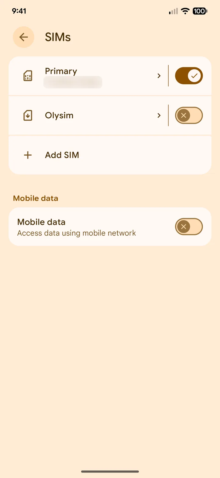 Pixel SIMs list showing Primary and Olysim