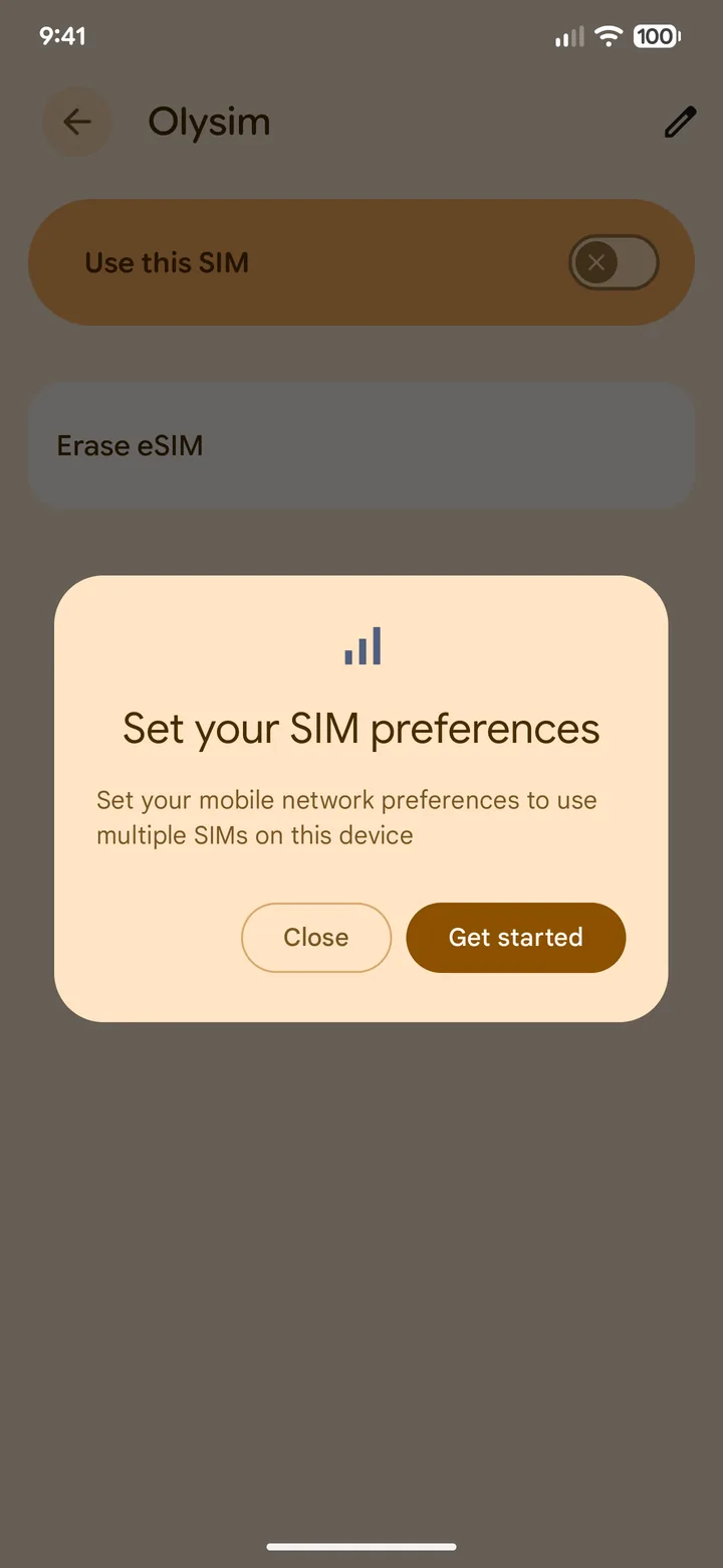 Pixel dialog Set your SIM preferences with the Get started button