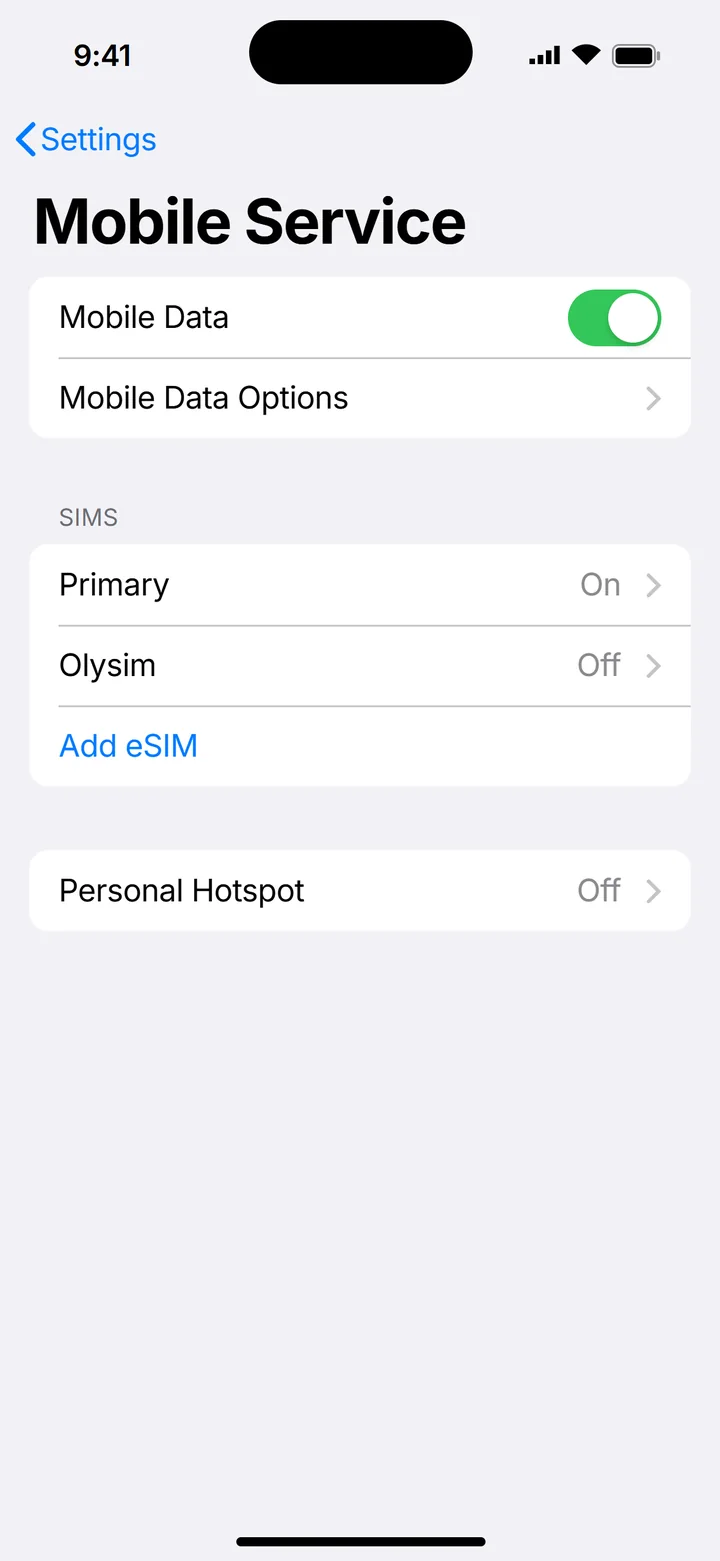 Illustration of iPhone Mobile Service listing the Olysim line