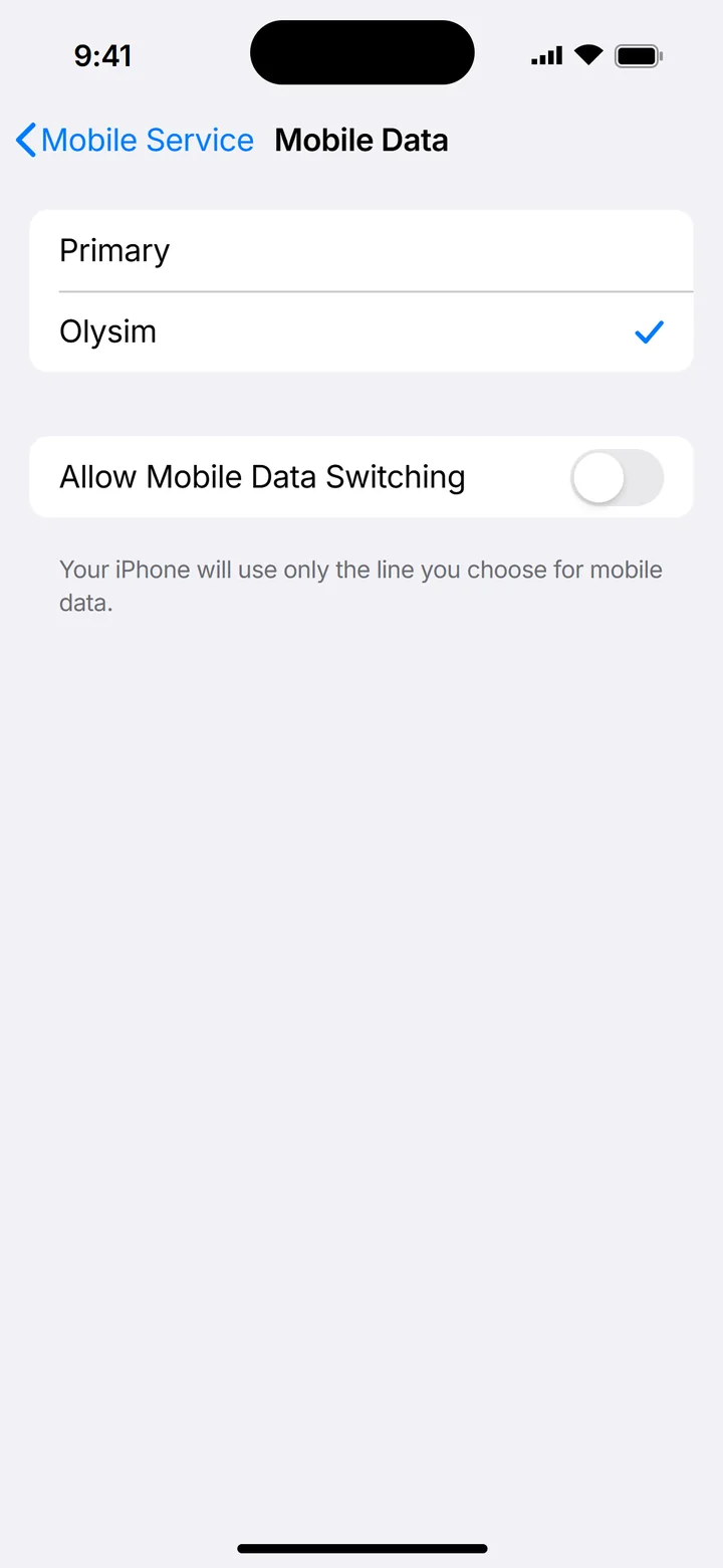 Illustration of iPhone Mobile Data with Olysim selected