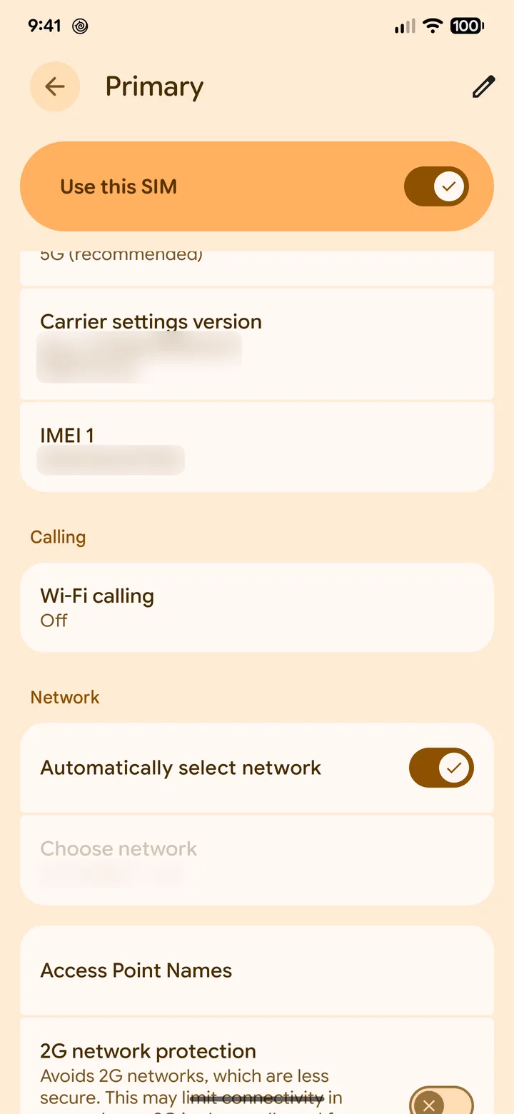 Pixel SIM page with Access Point Names