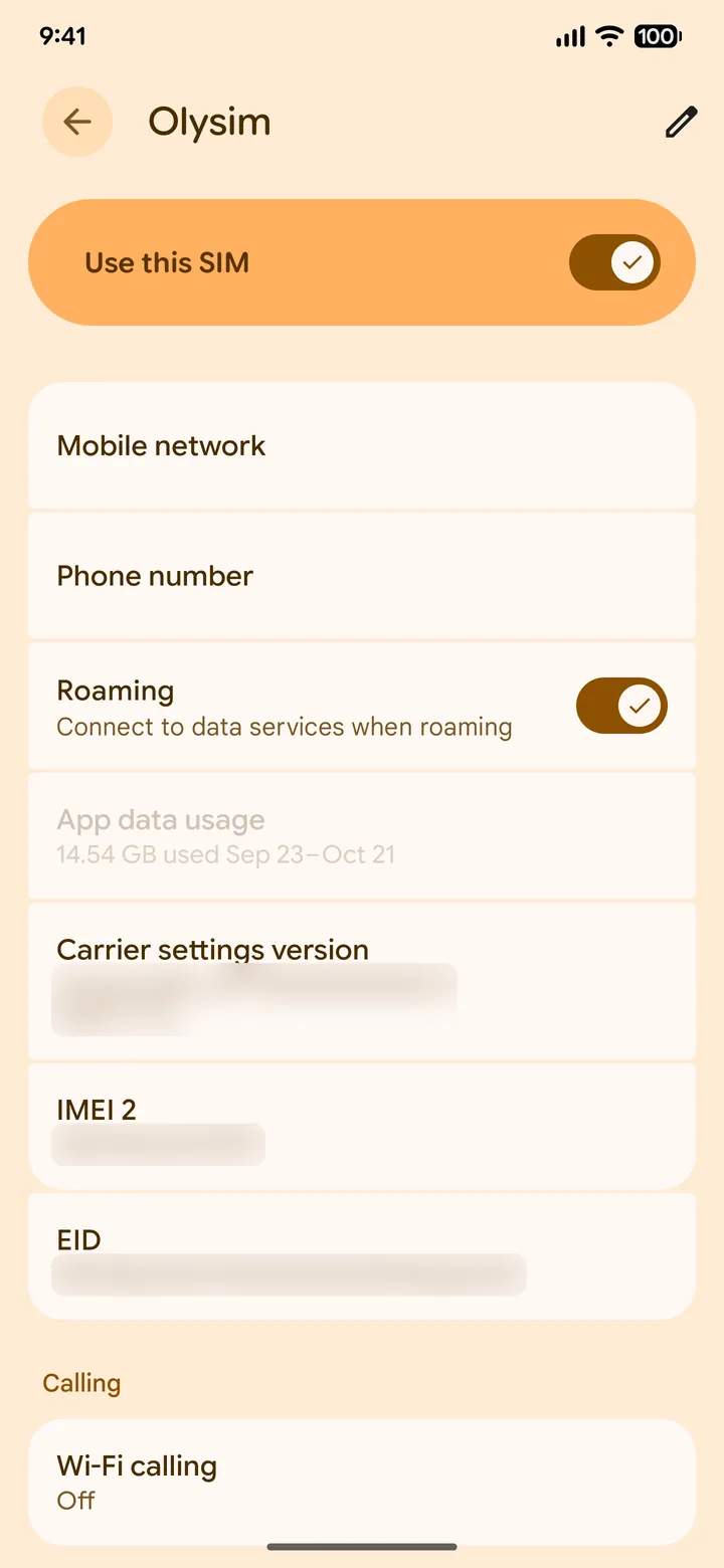 Pixel eSIM page with Roaming turned on