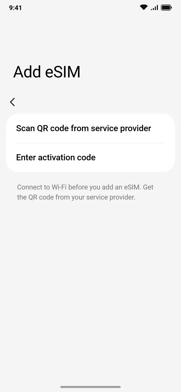 Illustration of Samsung Add eSIM with Scan QR code from service provider