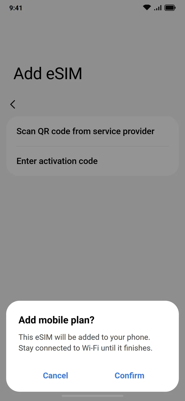 Illustration of the Samsung Add mobile plan dialog with Confirm