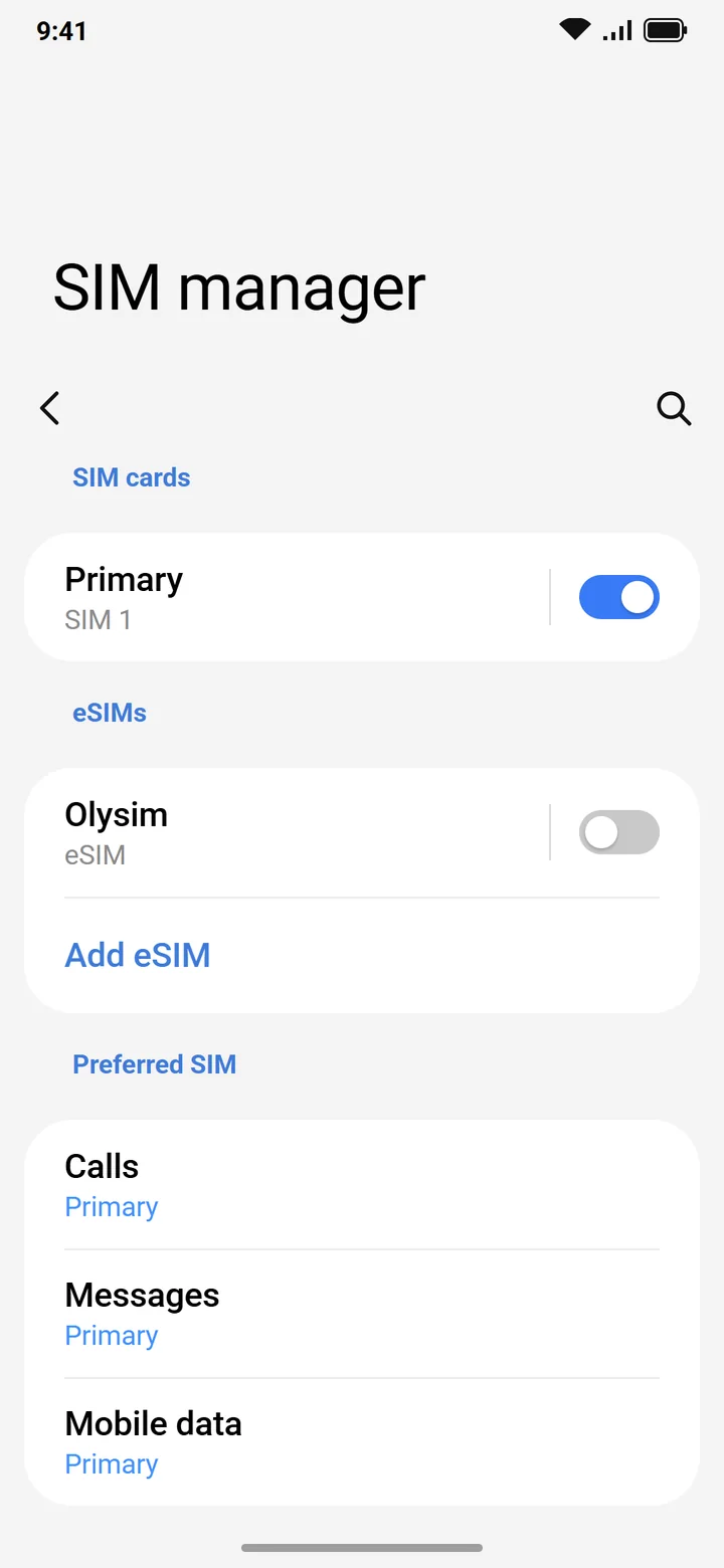Illustration of Samsung SIM manager with the Olysim eSIM turned off