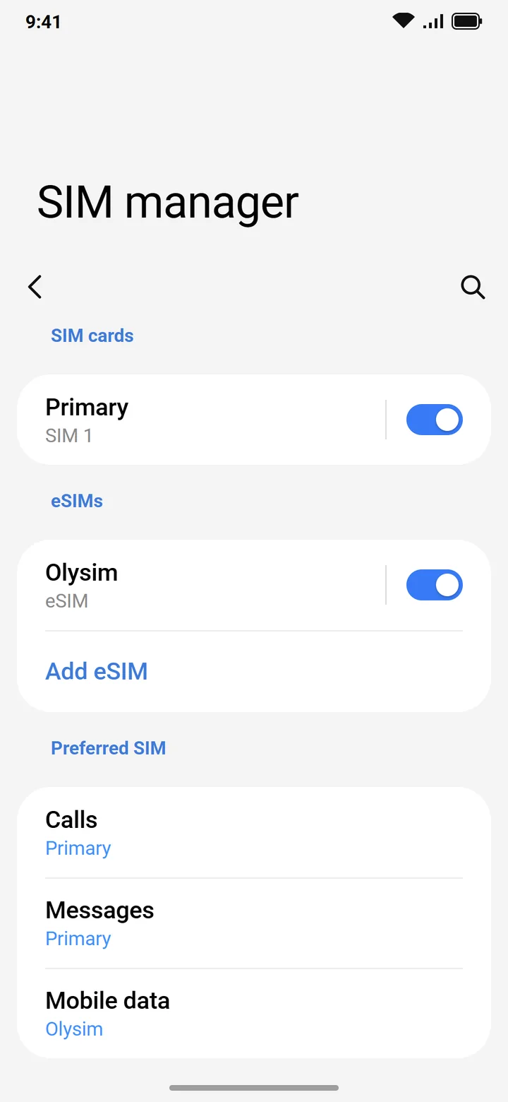 Illustration of Samsung SIM manager with the Olysim eSIM turned on