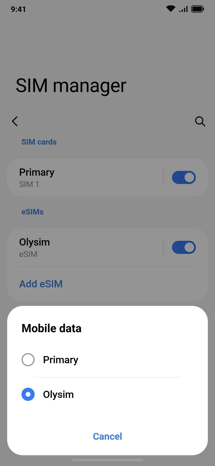 Illustration of Samsung Mobile data choice with Olysim selected