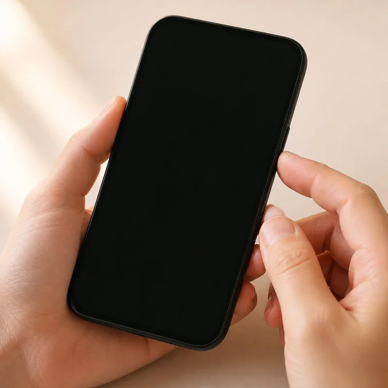 Hand holding a smartphone that is switched off