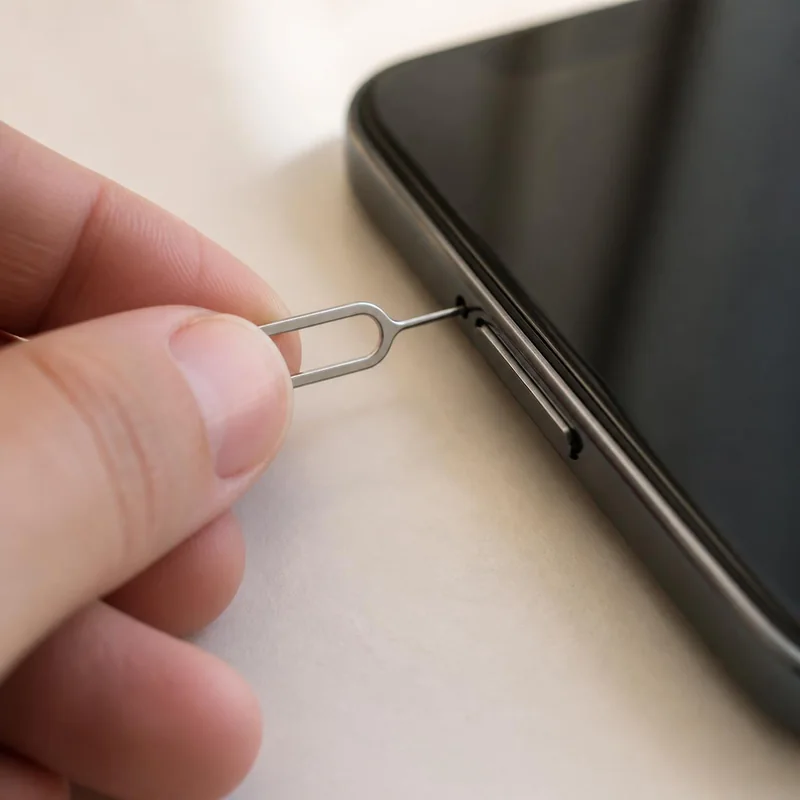 SIM ejector pin pushed into the pin hole as the tray pops out