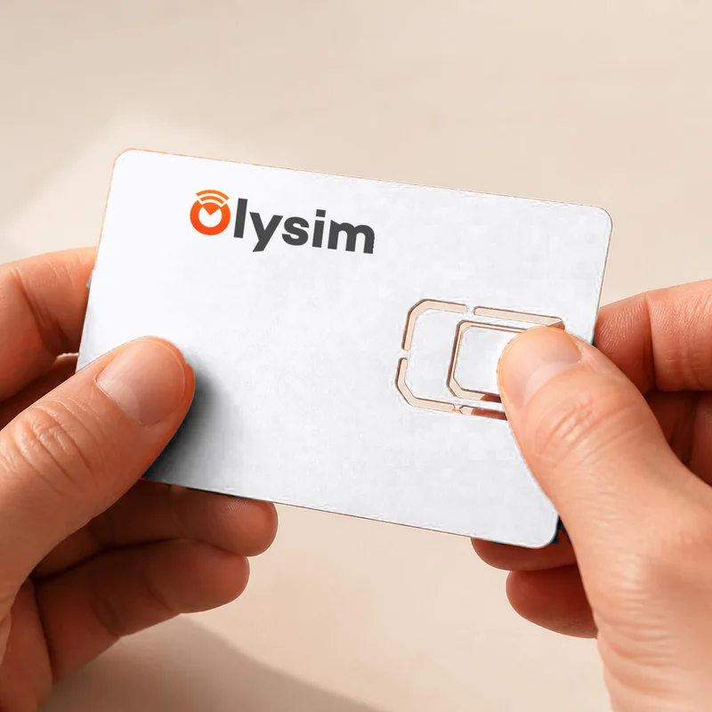 Hands pressing the nano SIM out of a white Olysim SIM card
