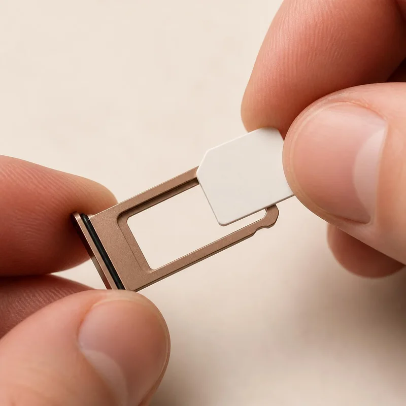 Nano SIM placed in the open SIM tray with the cut corner lined up