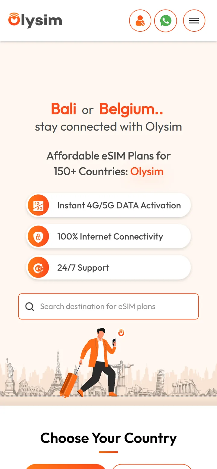 Olysim home page with the destination search box